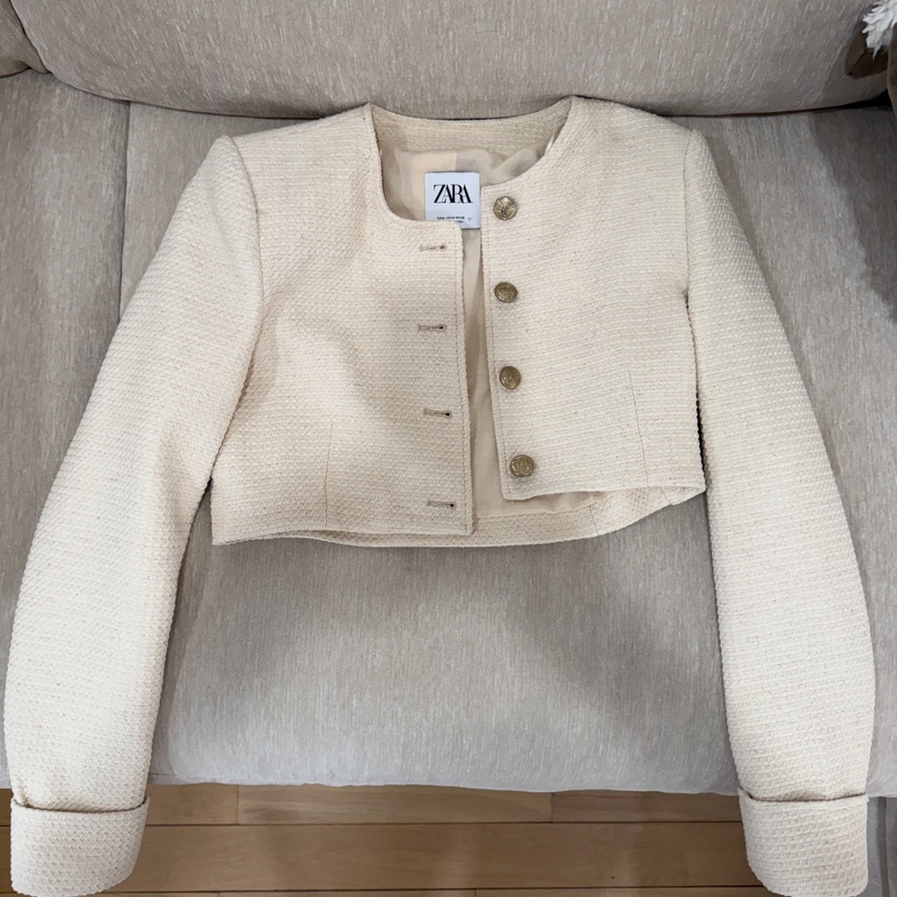 Zara Beige Textured Jacket with Gold Buttons